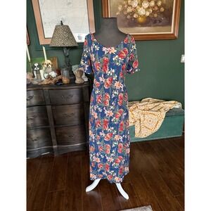 Hilo Hattie Vintage Hawaiian Maxi Dress Blue Floral Anthurium Rayon Muumuu 20